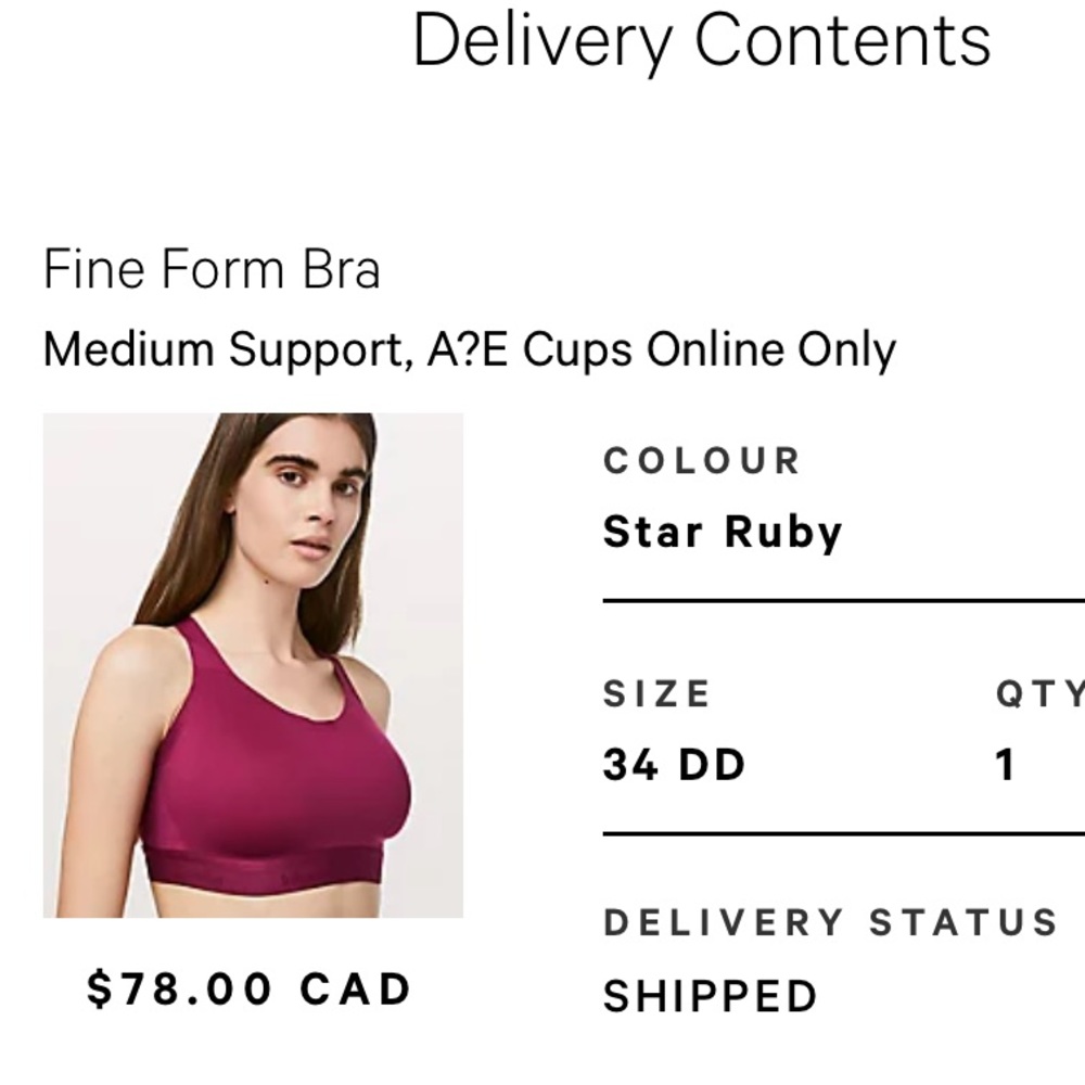 Lululemon Fine Form Bra - 34 DD - Star Ruby